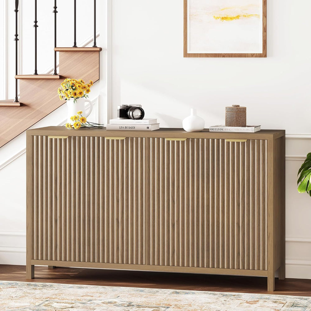 Fluted Buffet Cabinet with Storage, 55" Sideboard Cabinet with 4 Doors, ...