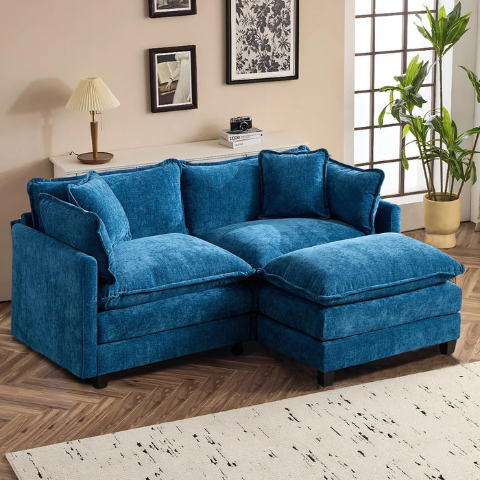 77.95" Chenille Modular Sofa with Ottoman, Cloud Couch with Pillow,Blue