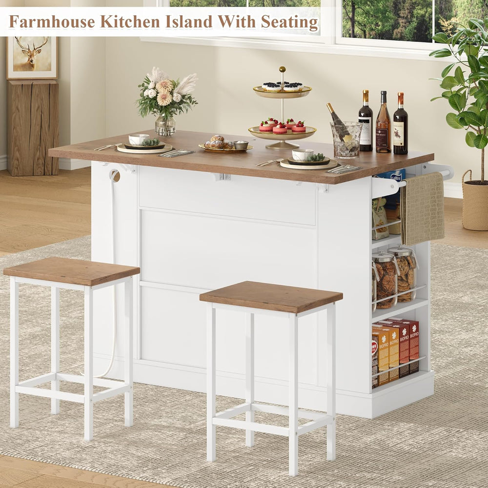 Keyluv Kitchen Storage Island with 2 Stools, 51.2” Mobile Kitchen Cart with D...