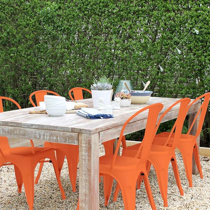 FDW | Set of 4 Metal Dining Chairs | Orange | Stackable Tolix Side Chairs wit...