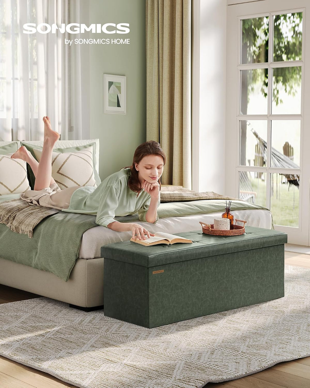 SONGMICS Storage Ottoman Bench, 43.3 Inches Folding Foot Rest Stool | PU Leat...