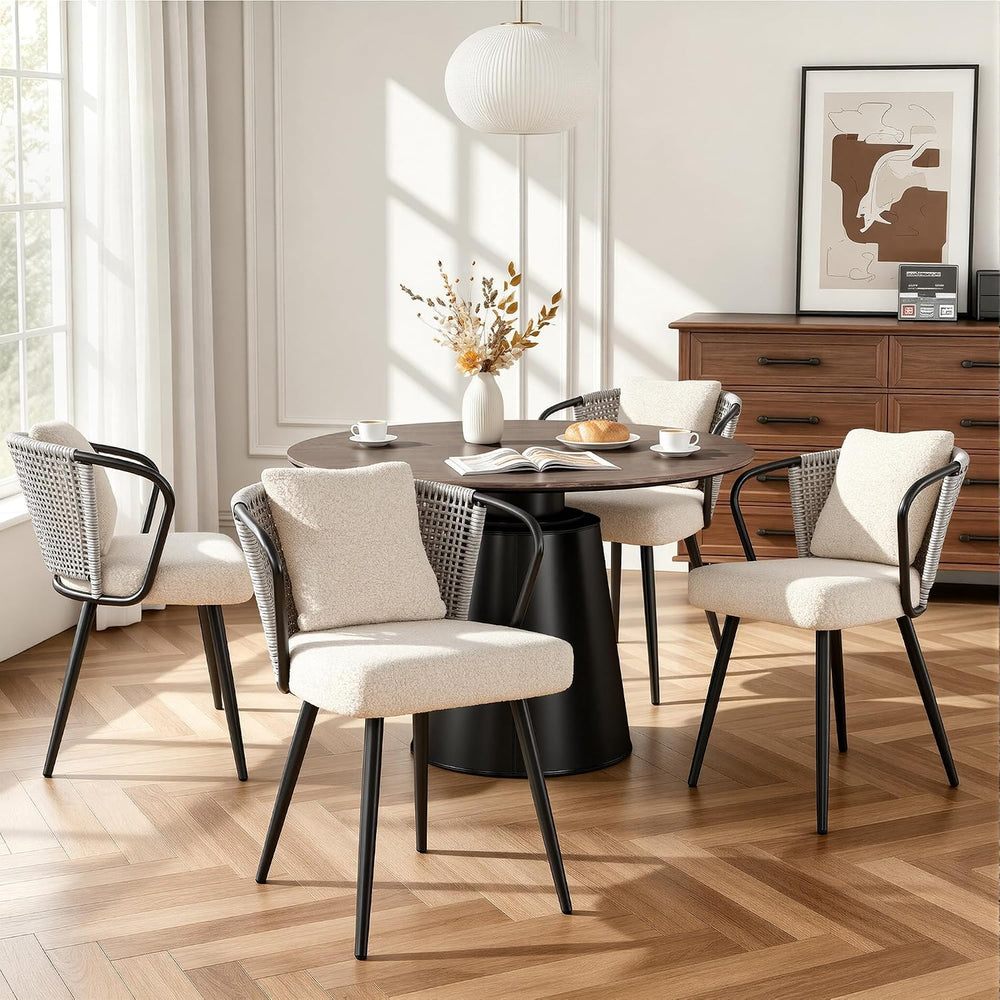 Rattan Dining Chairs Set of 4, Modern Upholstered Kitchen Chair with Metal Le...