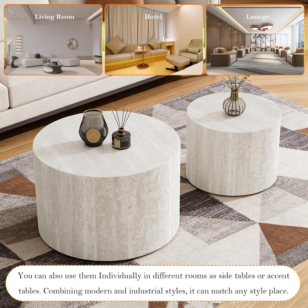 Round Travertine Nesting Coffee Table (A 18.1+14.6in) | Modern Circular Accen...