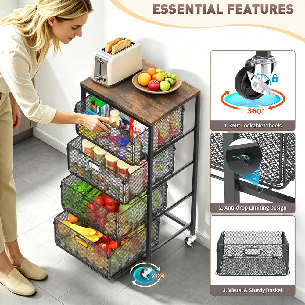 SUNALLY Rolling Kitchen Cart with Drawers, 4-Tier Utility Cart Fruit Vegetabl...