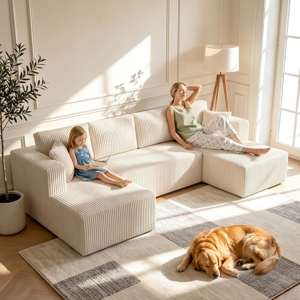 130" Couch U-Shaped Sectional Sofa, Beige | Corduroy Cloud Couch with Do...