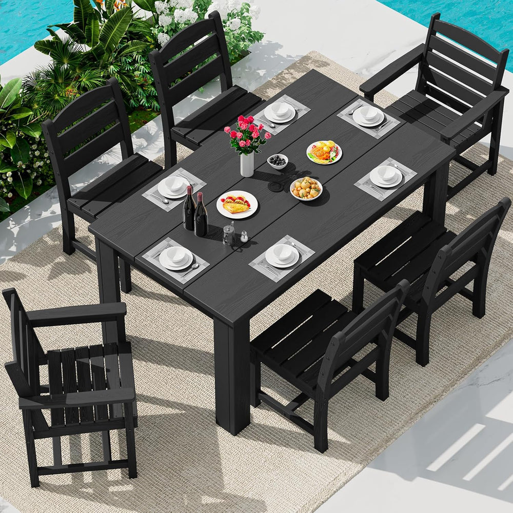 SERWALL HDPE Dining Set for 6: 1 Umbrella Hole Table, 4 Armless + 2 Armchairs...