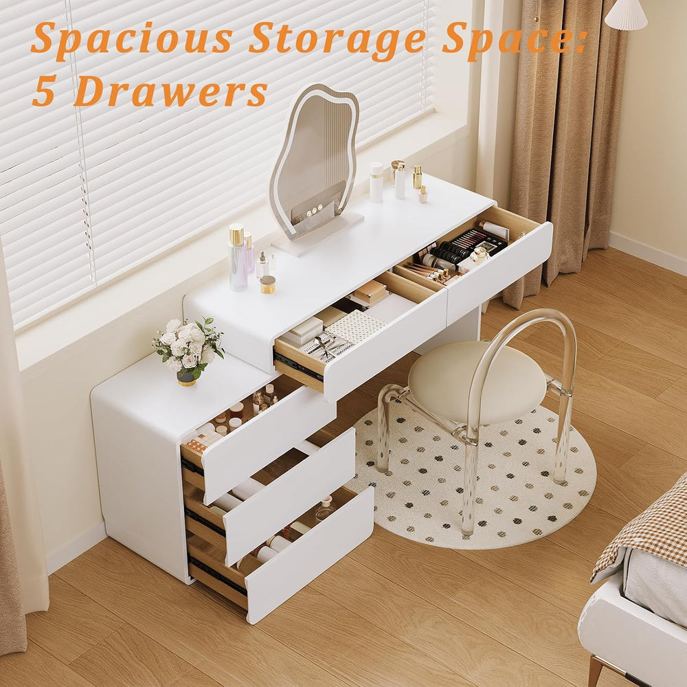 White Vanity Makeup Desk with Mirror and Lights, Vanity Desk with Acrylic Cha...