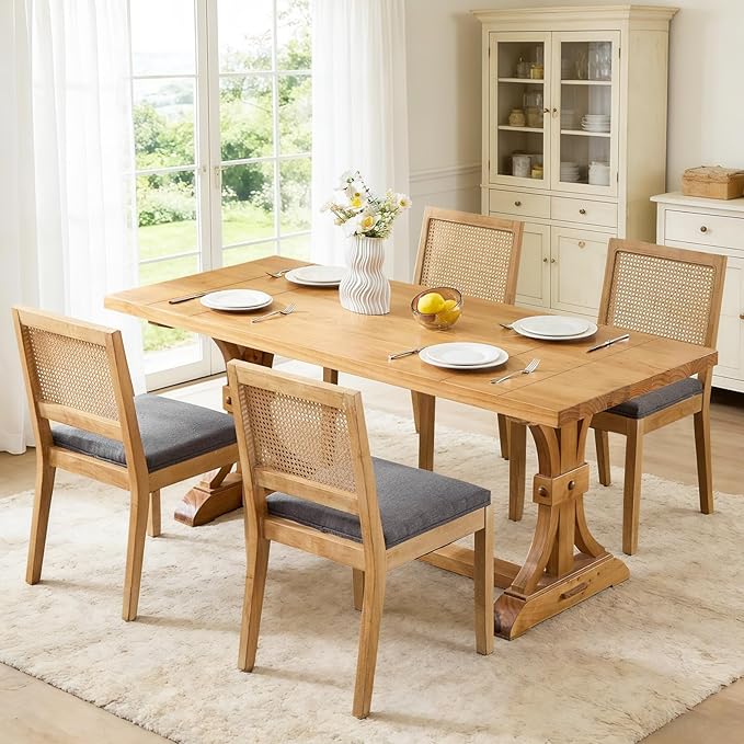 Rattan Dining Chairs Set of 4, French Country Cane Back Upholstered Kitchen C...