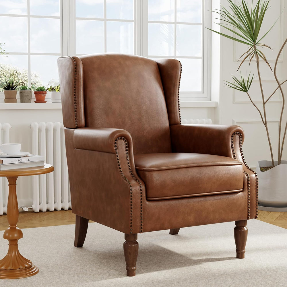 PU Leather High Back Accent Chair, Upholstered Armchair with Solid Wood Legs,...