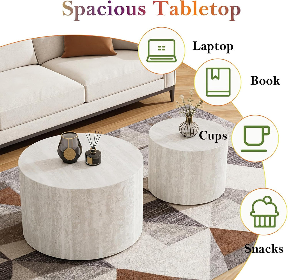 Round Travertine Nesting Coffee Table (A 18.1+14.6in) | Modern Circular Accen...