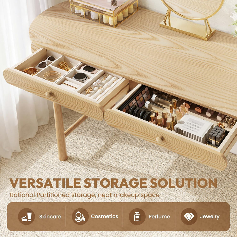 60in Solid Wood Desk - Oval-Shaped Double-Top Dressing Table, Ash