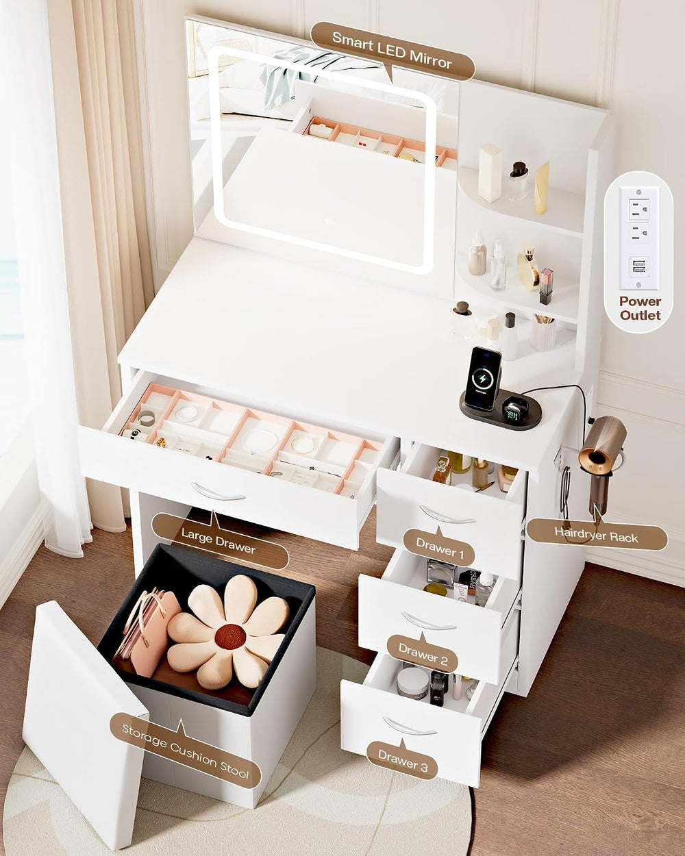 LIVELYGLOW White Makeup Vanity Desk with Charging Station & 4 Drawers