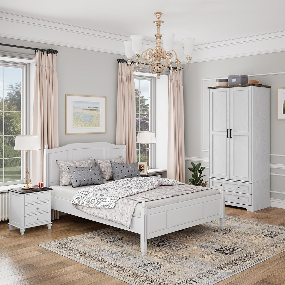 Brafab 2 Doors Wooden Armoire Wardrobe Closet with 2 Drawers, White | 2 Moder...