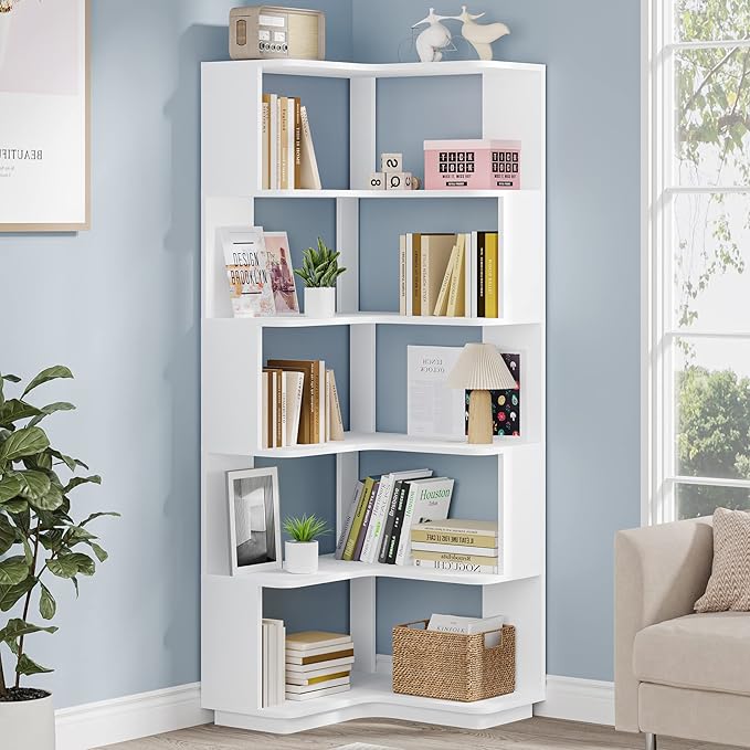 LITTLE TREE Corner Bookshelf, 64.9 Inch Tall Bookcase with Anti-Drop Panel, M...