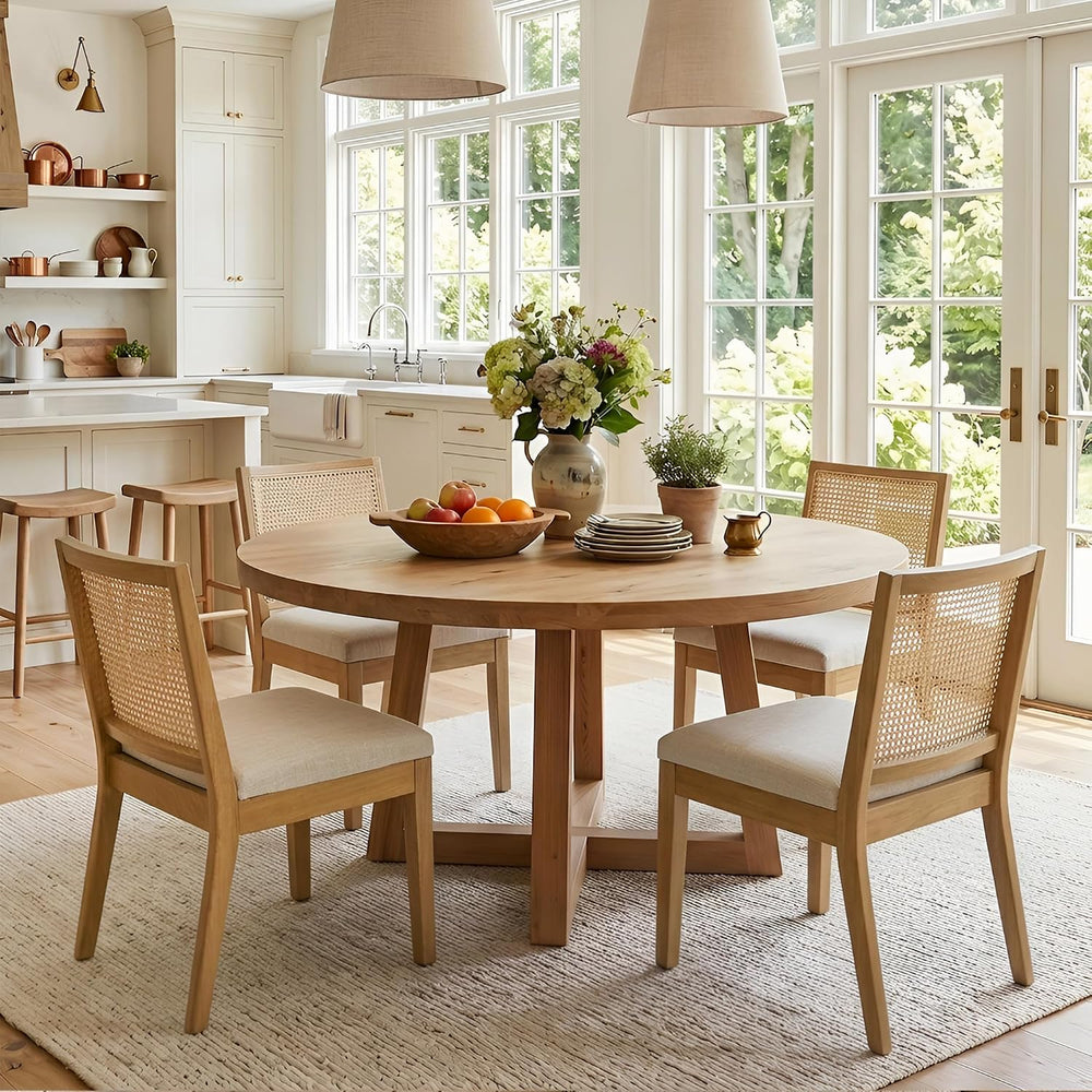 Farmhouse Rattan Dining Chairs Set of 4, Natural Solid Hardwood Frame, Uphols...