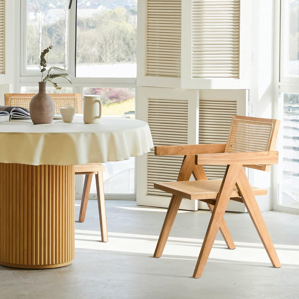 Comfy to go Cane Dining Chair with Arms Set of 4, Solid Wood Tone Frame