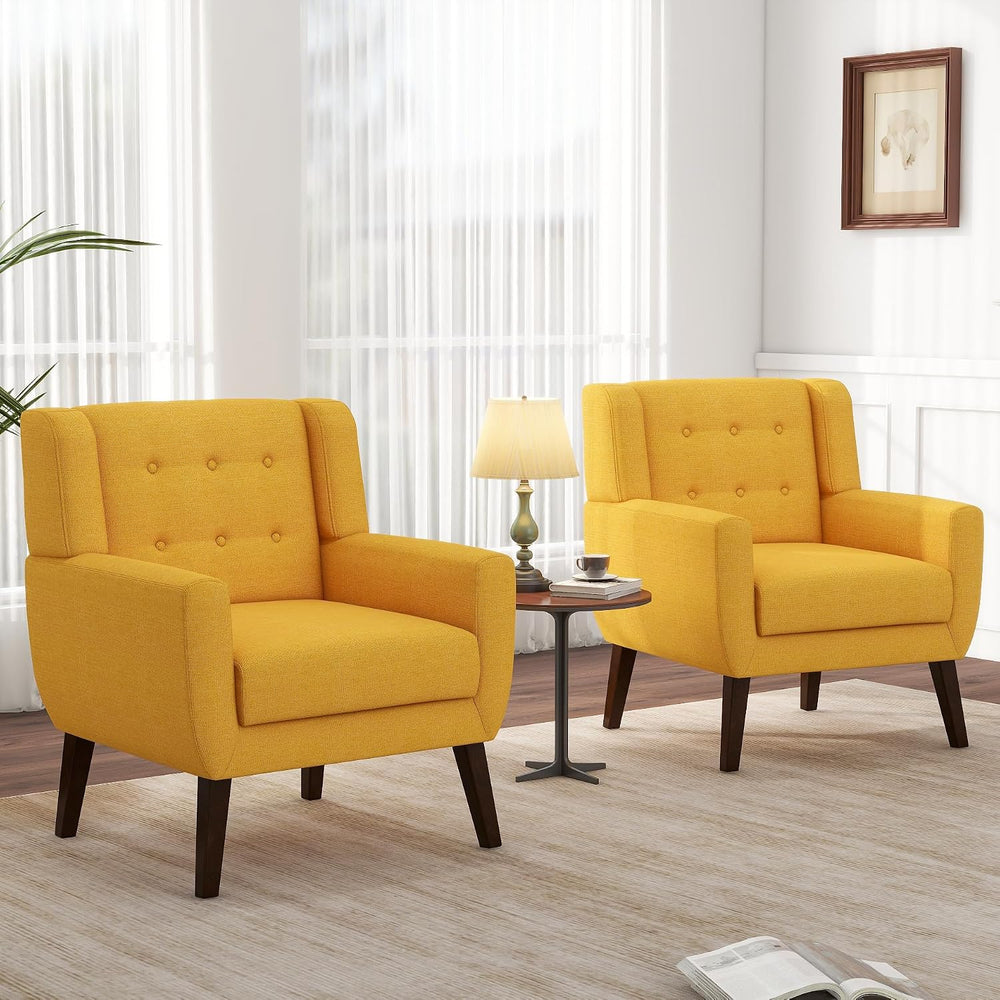 Mid Century Modern Button Tufted Yellow Set of 2 Accent Armchair for Living Room