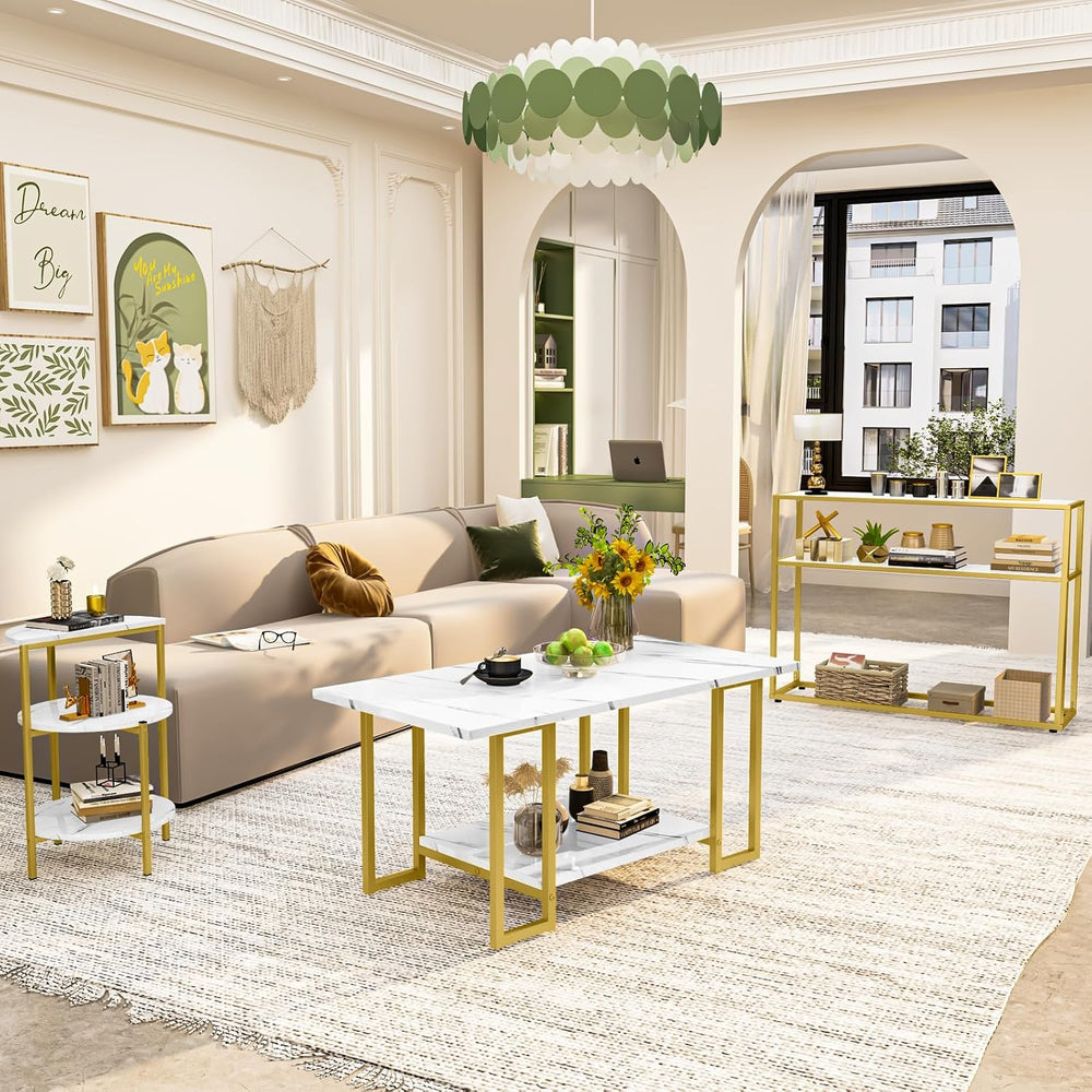 AWQM Coffee Table Set, Faux Marble Table & 2 Side Table, White&Gold |...