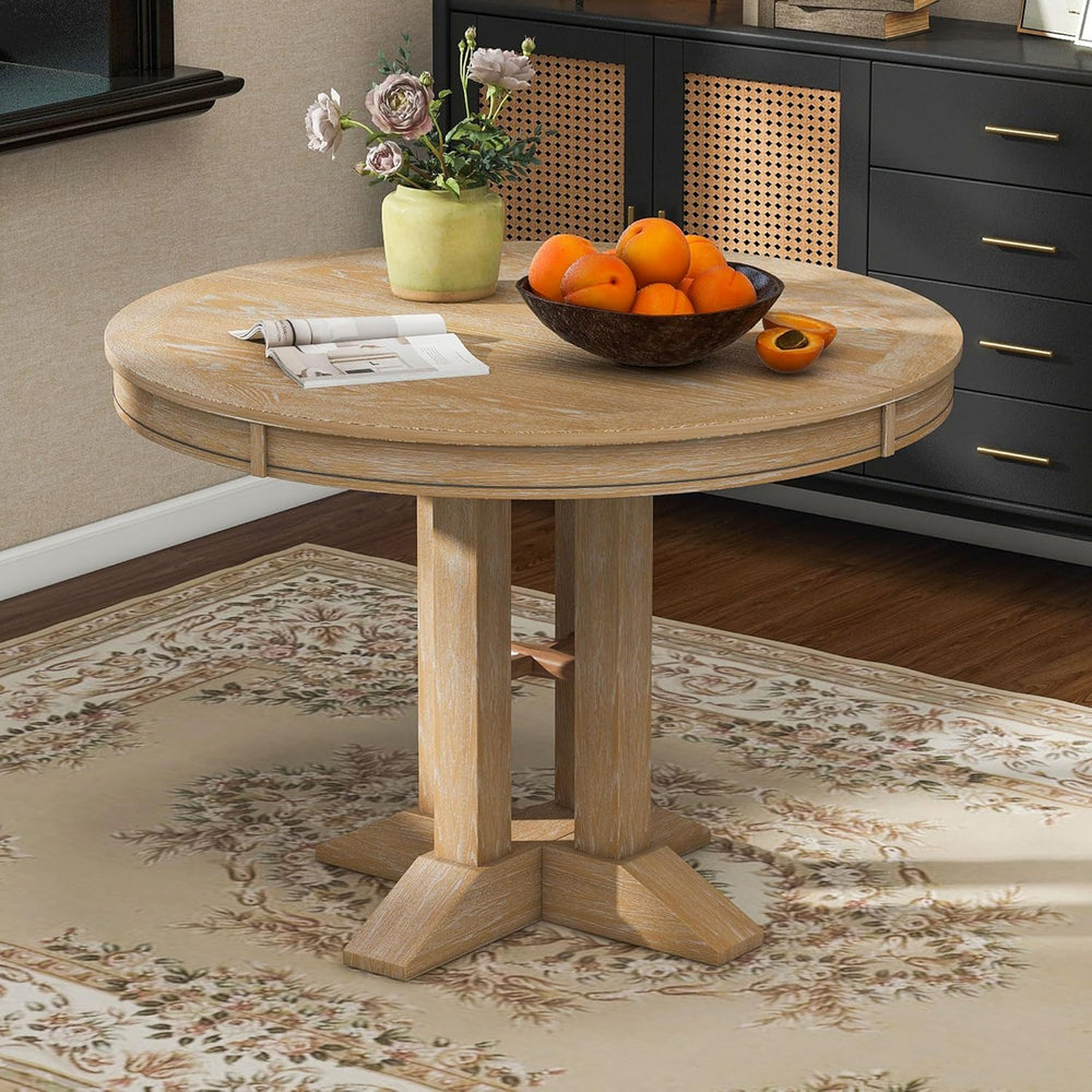 Merax Farmhouse Expandable Round Dining Table, 42 to 56 Inch Vintage Solid Wo...