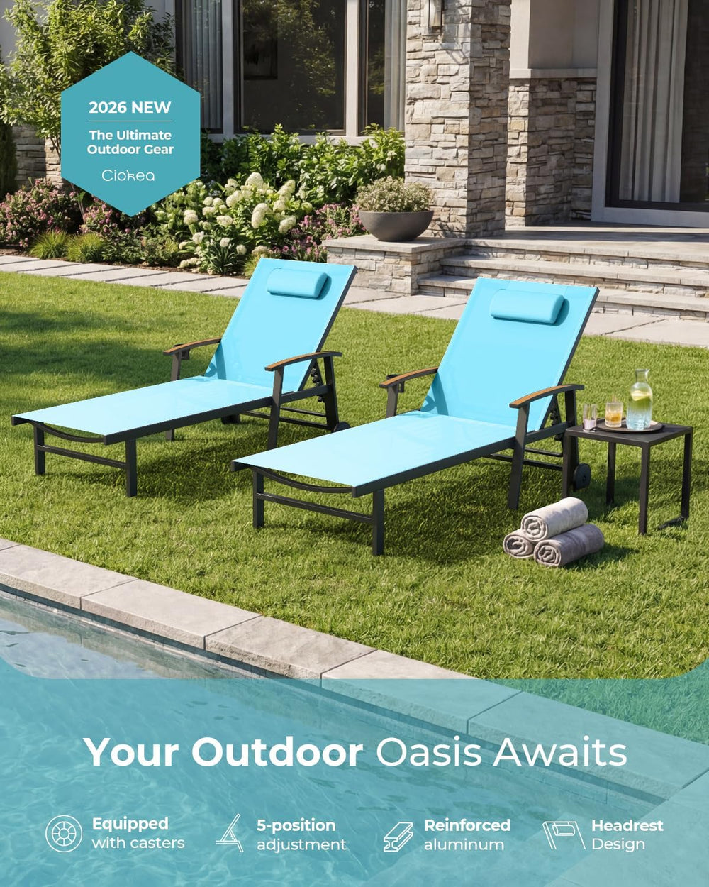 Ciokea Outdoor Lounge Chair with Pillow, 5-Position Chaise Lounge with Wheels...
