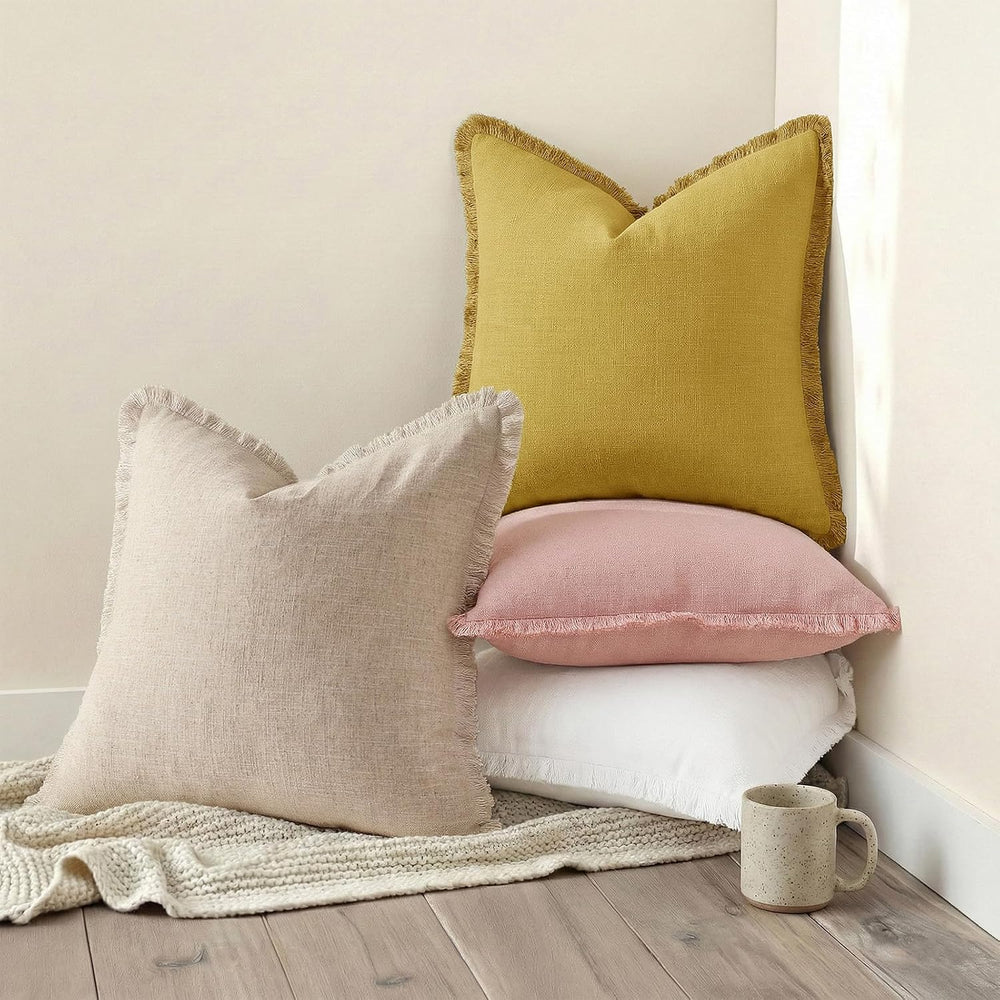 decorUhome Linen Fringe Cream White Throw Pillow Covers 24x24 Set of 2