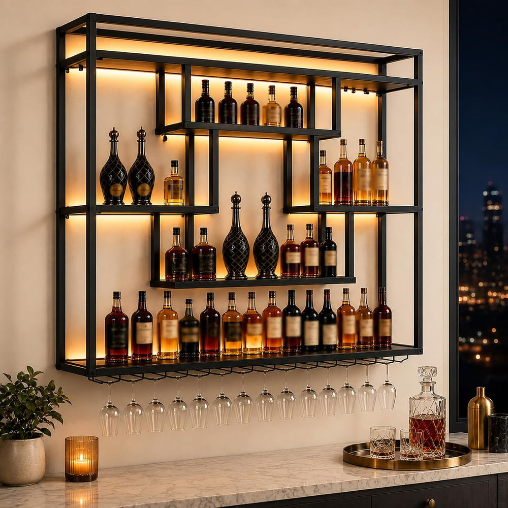 Wall Mounted Wine Rack with LED Lights, Large Industrial Metal Liquor Bottle ...