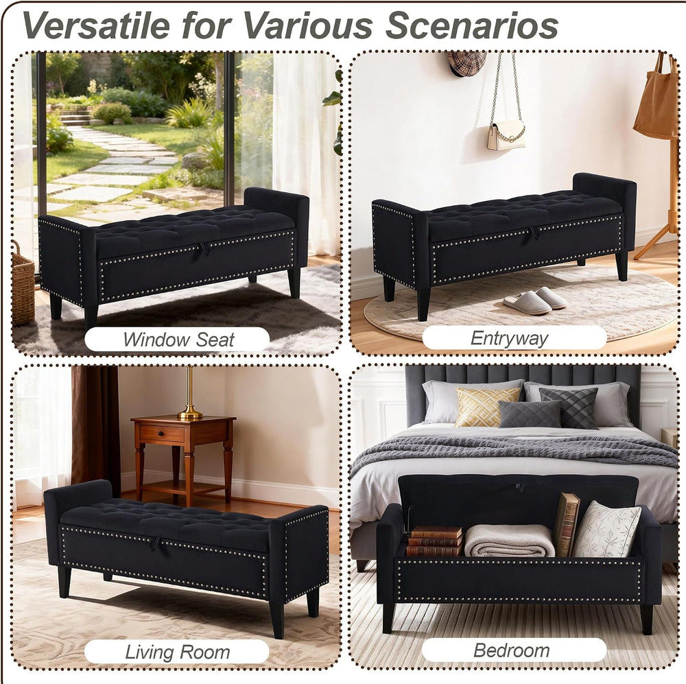 47in Velvet Storage Ottoman Bench with Arms, Upholstered Storage Bench with W...
