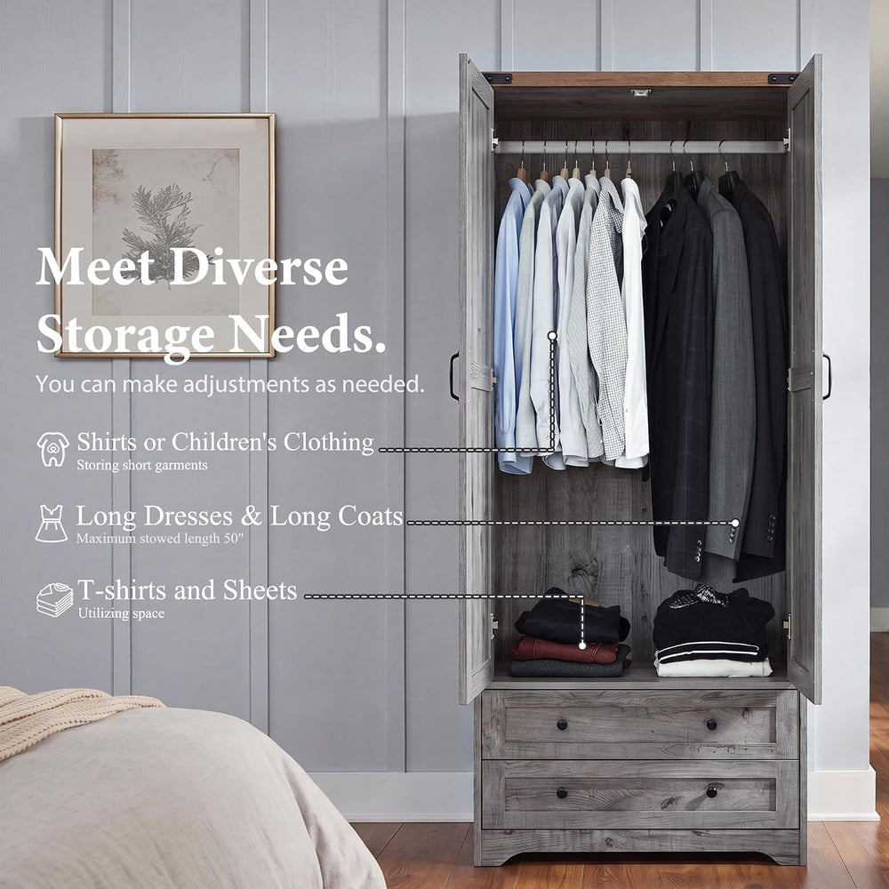 Yechen 71" Wooden Armoire Wardrobe Closet with 2 Doors & 2 Drawers, ...