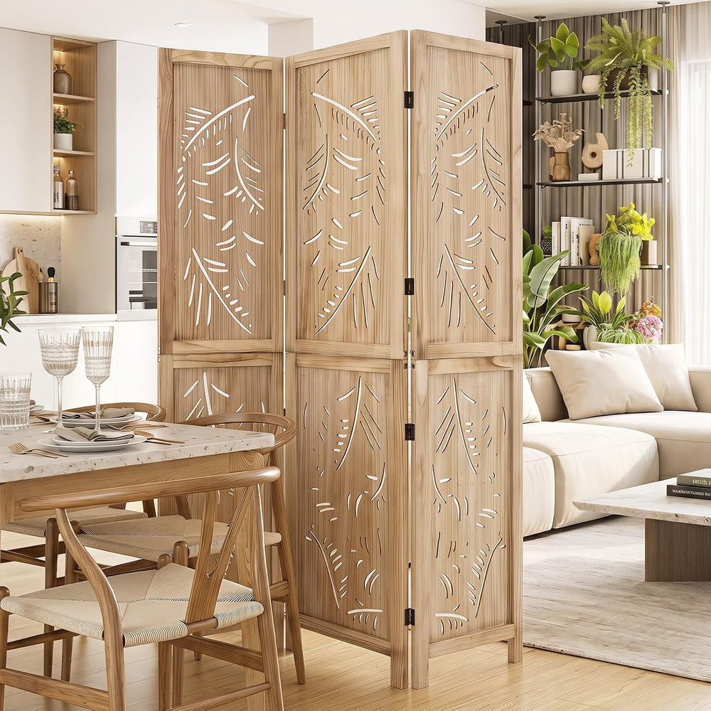 GIANTEX 3 Panel Boho Room Divider with Carved Palm Leaf Pattern, Natural