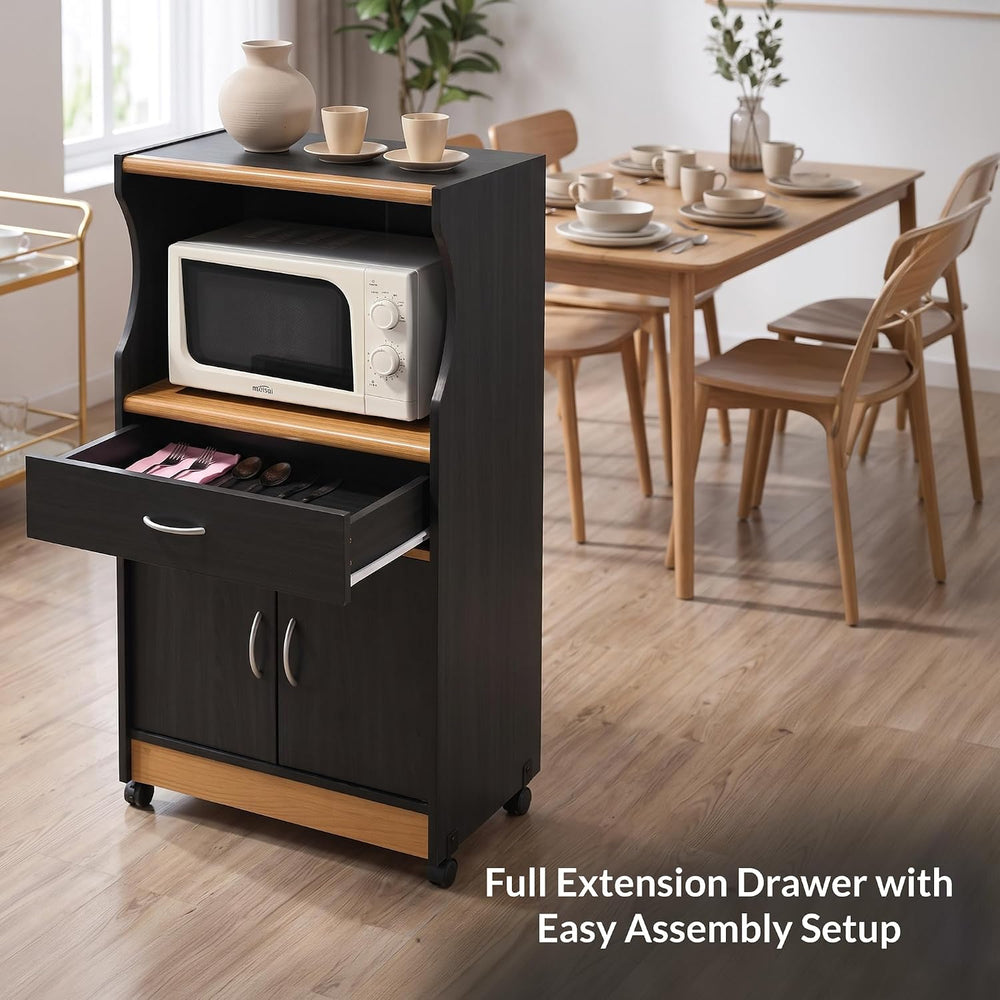 L'Baiet Rolling Kitchen Cart with Microwave Shelf & Cabinet, Black