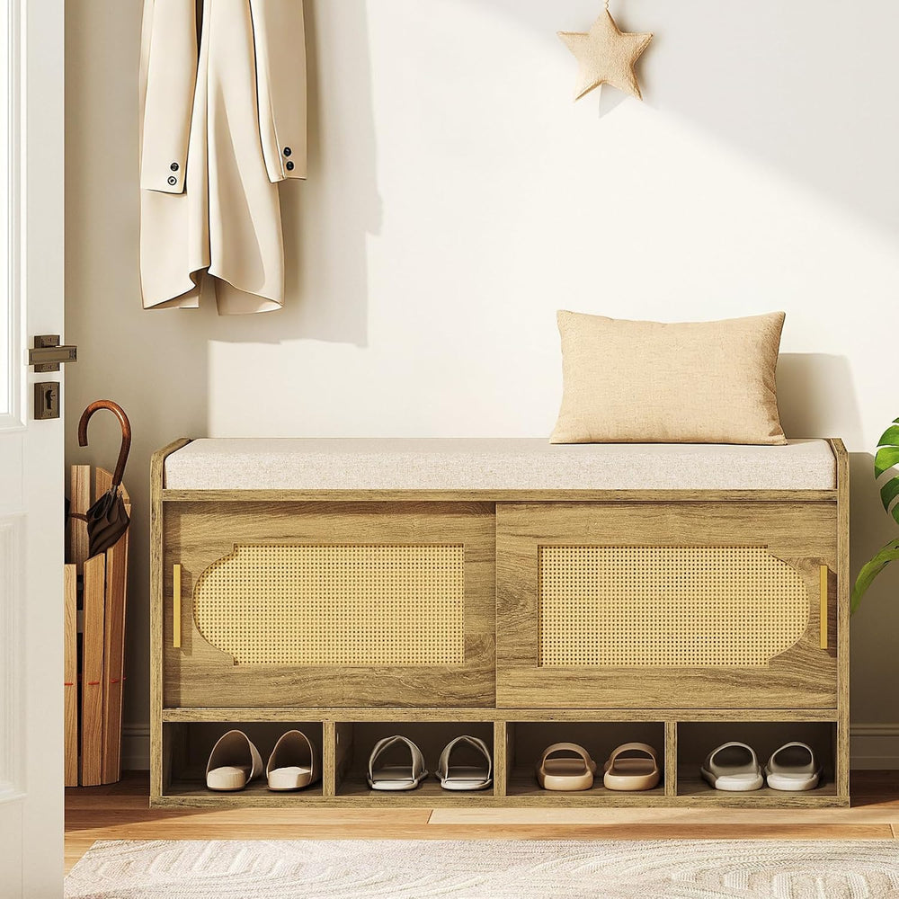 Shoe Storage Bench, 39.4" Entryway Bench with Linen Seat Cushion, 3-Tier...