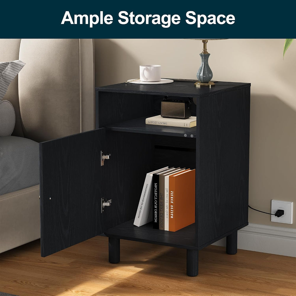 RoyalCraft Black Nightstand with Charging Station, End Table with Storage | M...