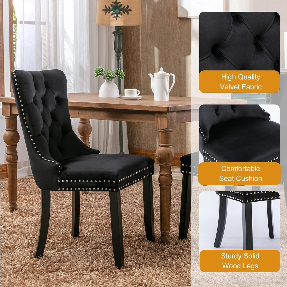 Dining Table Set for 4, Round Glass Kitchen Table with 4 Black Upholstered Ve...