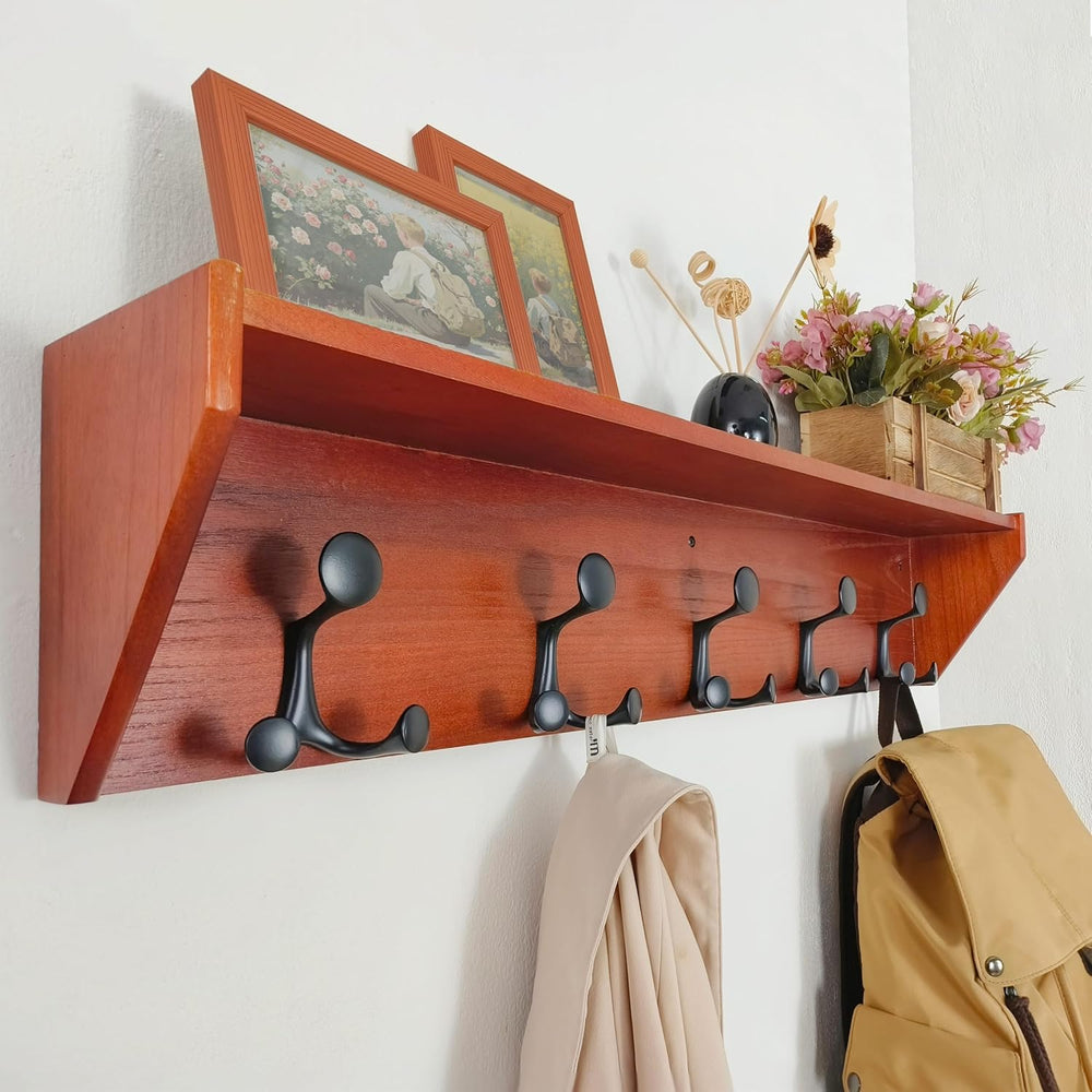 SKOLOO Wall Shelf with Hooks, 35-Inch Cherry Coat Rack Wall Mount with Shelf ...