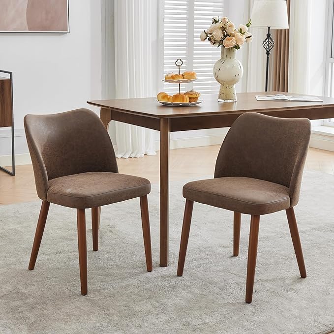 Dining Chair Set of 2, Leather Upholstered Dining Chair with Wood Legs, Wing ...
