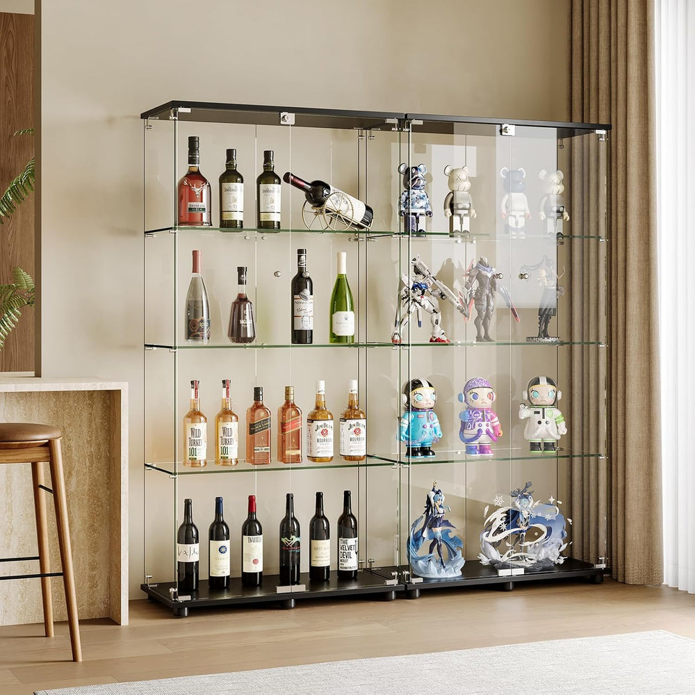 Glass Display Cabinet with 4-Shelf Double Door and Lock, 5mm Tempered Glass