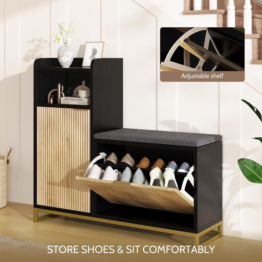L-Shaped Shoe Storage Bench with Cushioned Seat & 2 Flip Drawer, 39'&...