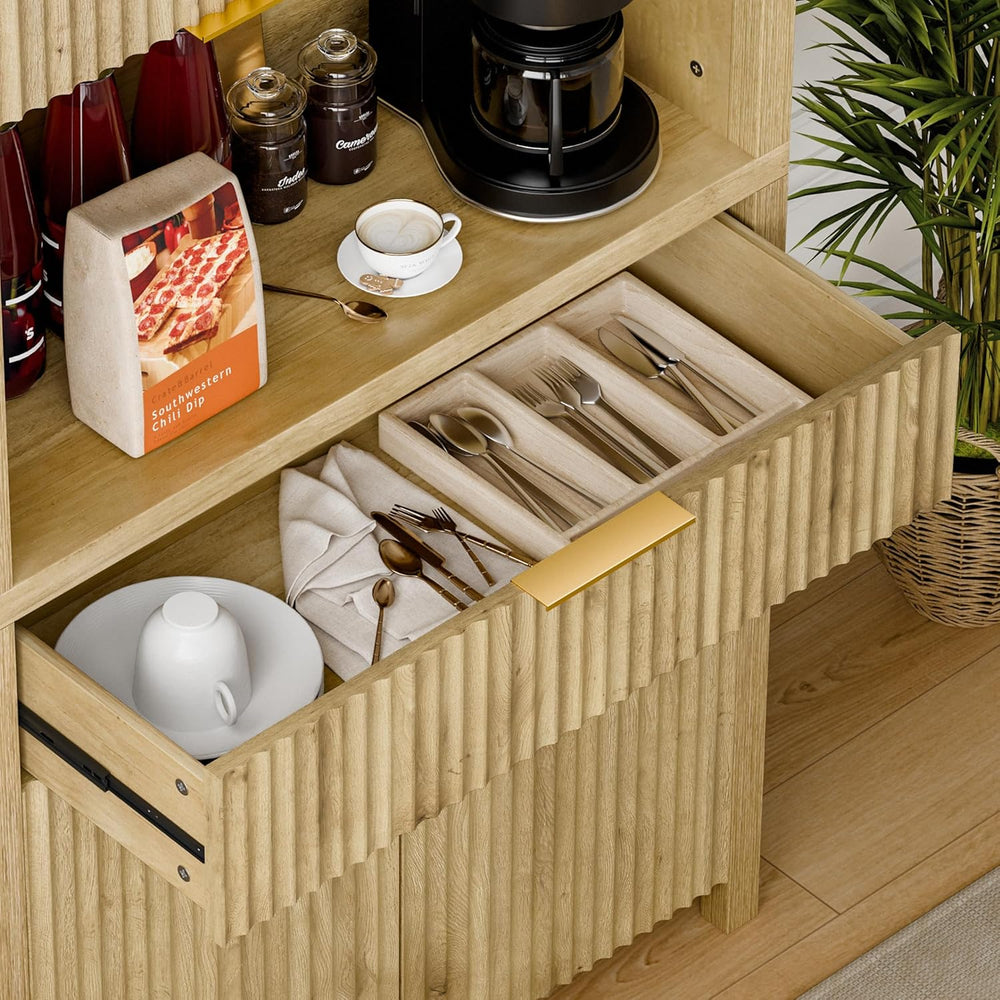 Lulive 71" Fluted Pantry Cabinet with Charging Station, Natrual | Adjust...