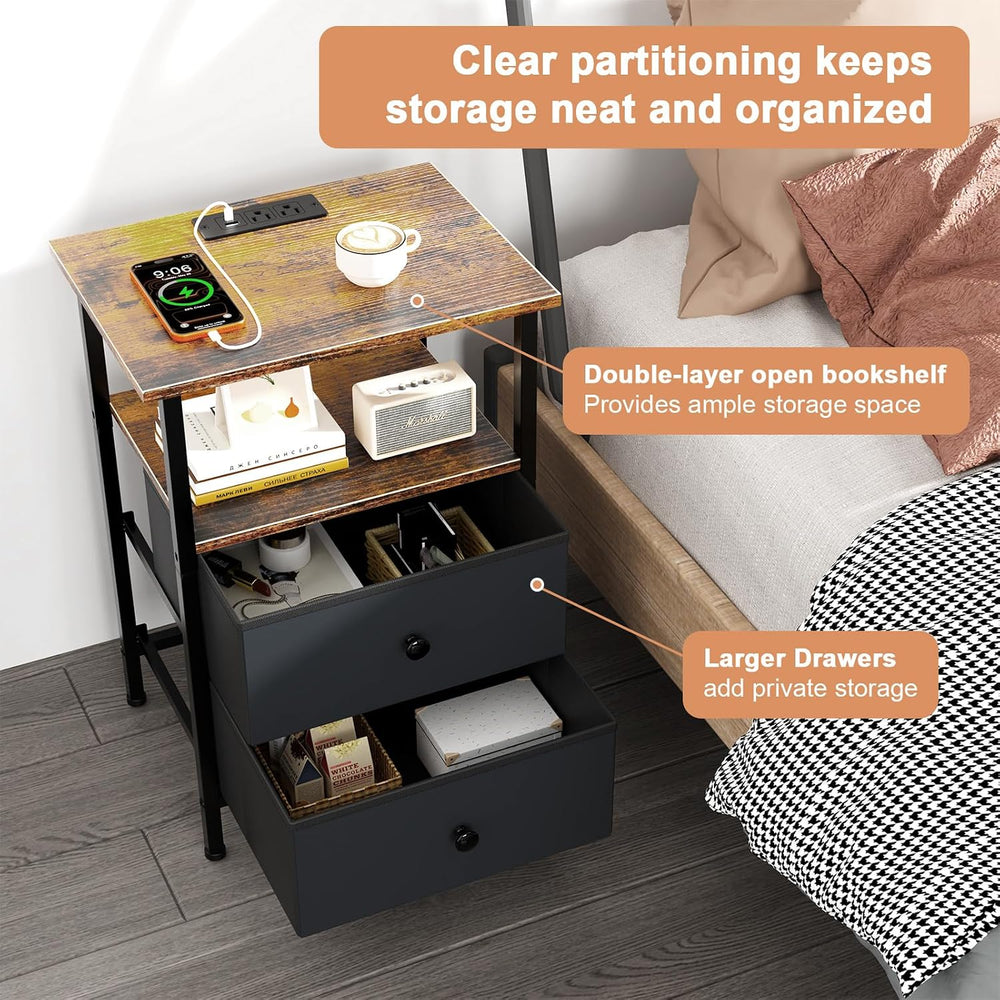Nightstand with Charging Station, Bedside End Table with 2 Fabric Drawers for...
