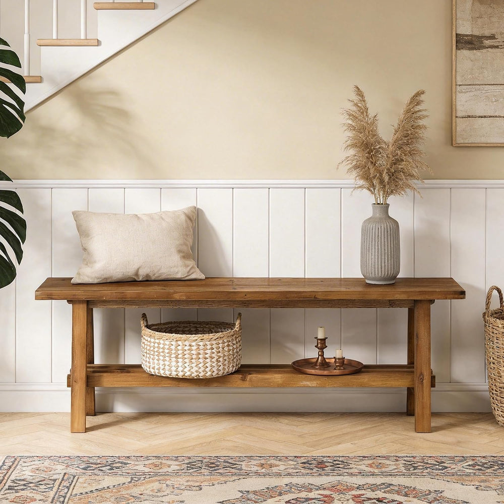 55" Farmhouse Wood Bench, 2-Tier Rustic Kitchen Dining Seat, Indoor End ...