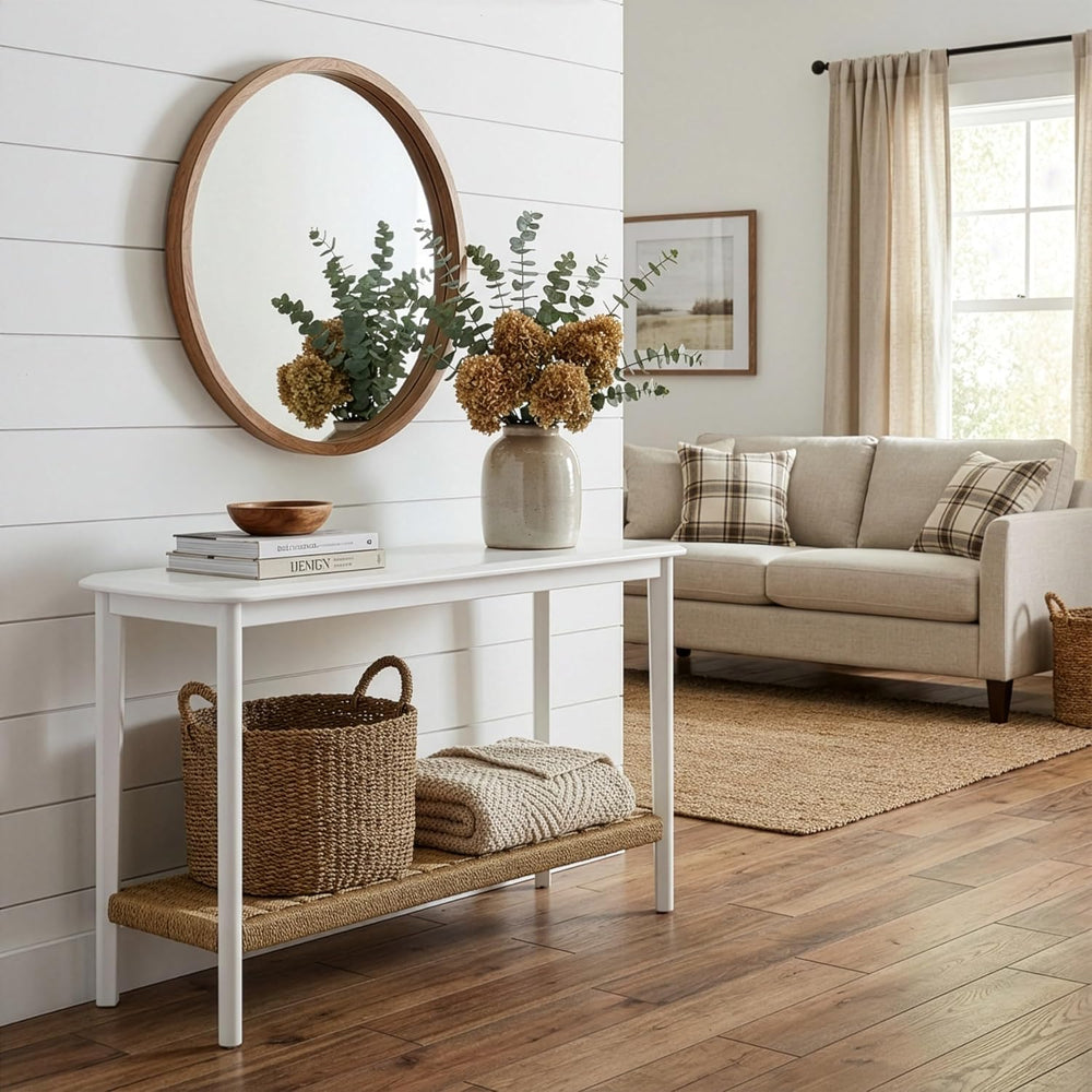 Calais Solid Wood Console Table with Woven Storage Shelf, White, 48 Inch | 2-...