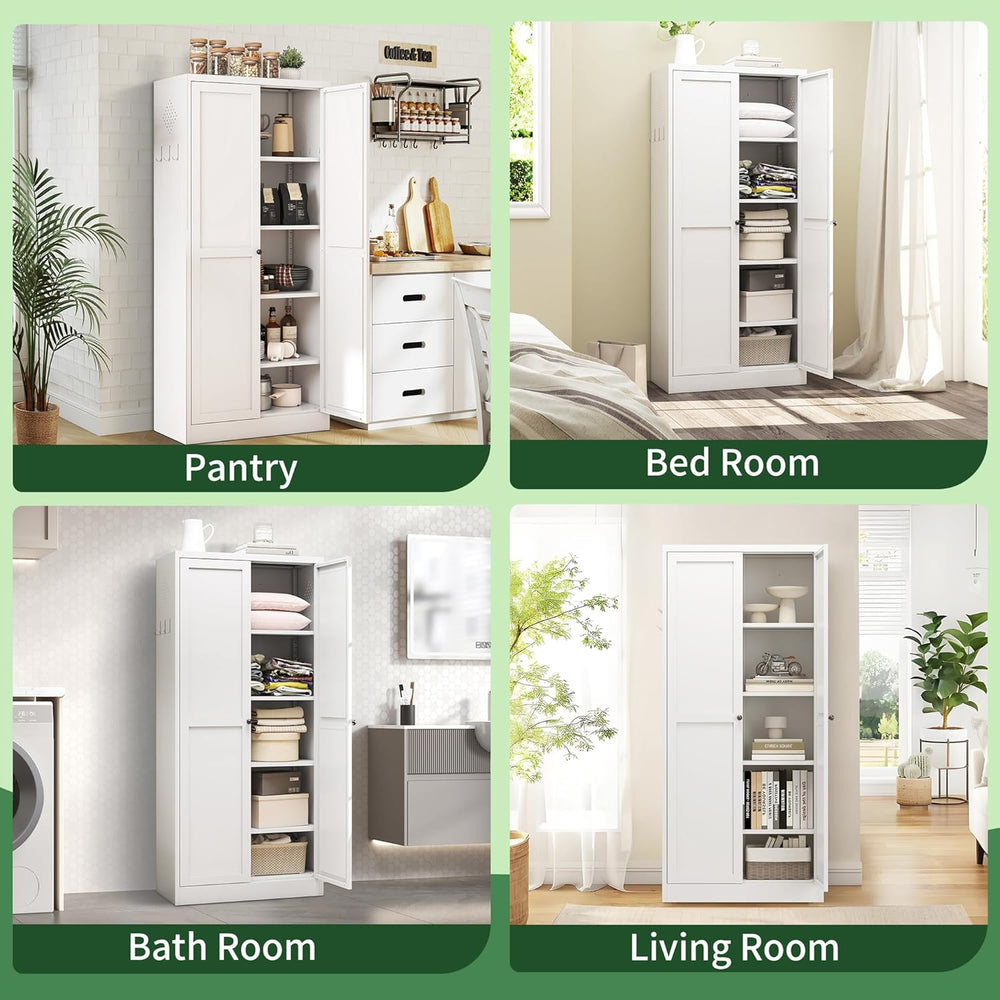 Kitchen Pantry Cabinet,White Metal Pantry Cabinet with 2 Doors & 4 Adjust...