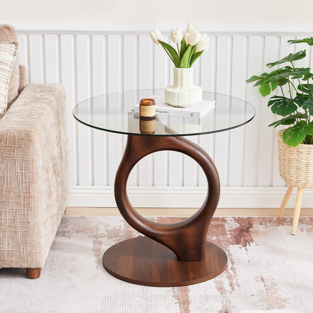 27.5” Large Glass End Table, Round Side Tables with Tempered Glass Tabletop, ...