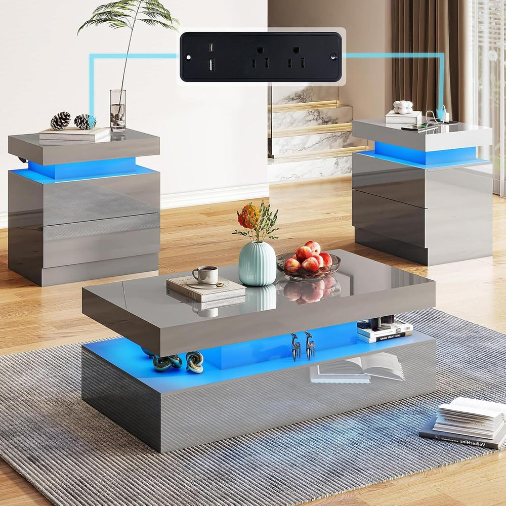 AMERLIFE 3-Piece High Gloss Coffee Table Set with LED Lights