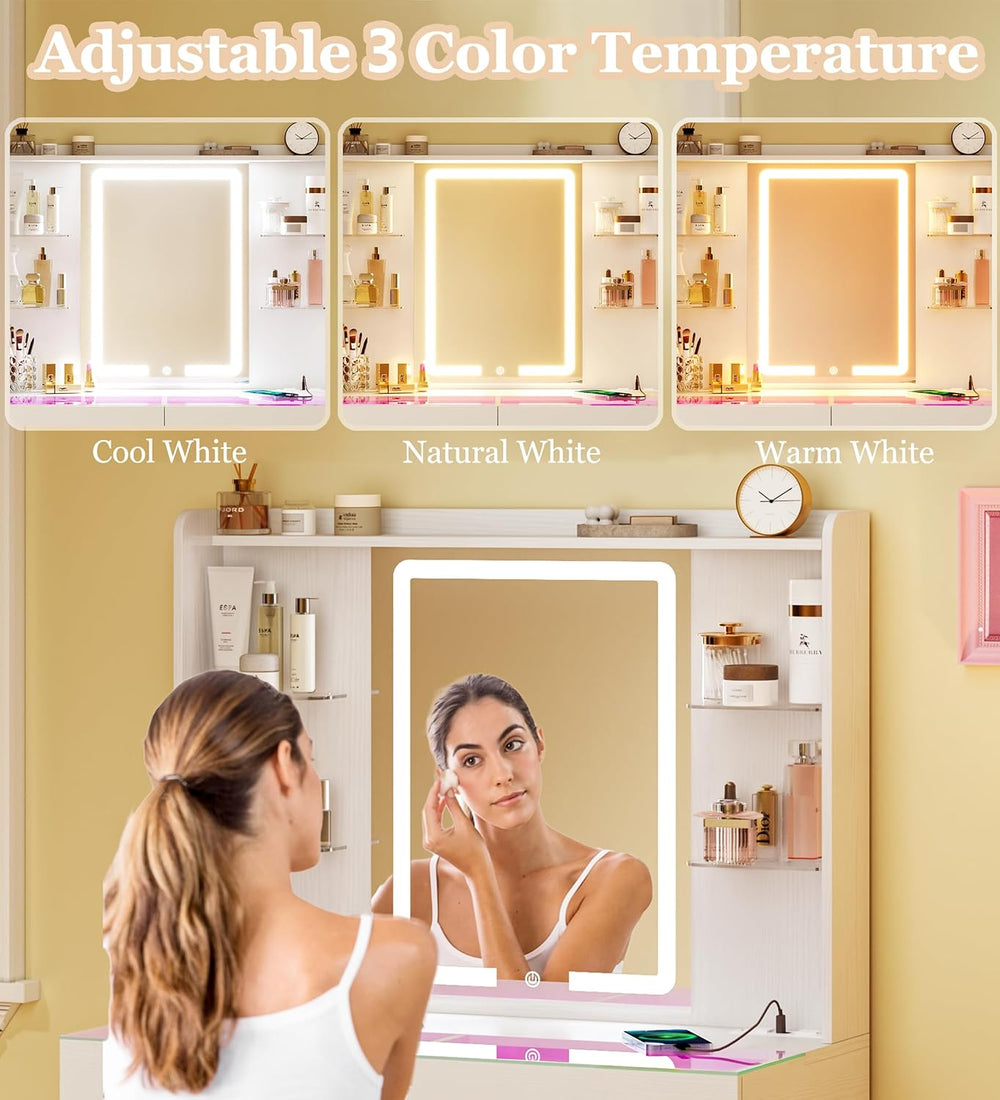 HUAHUU Vanity Desk with Mirror and LED Lights, 31" Small Makeup Vanity w...