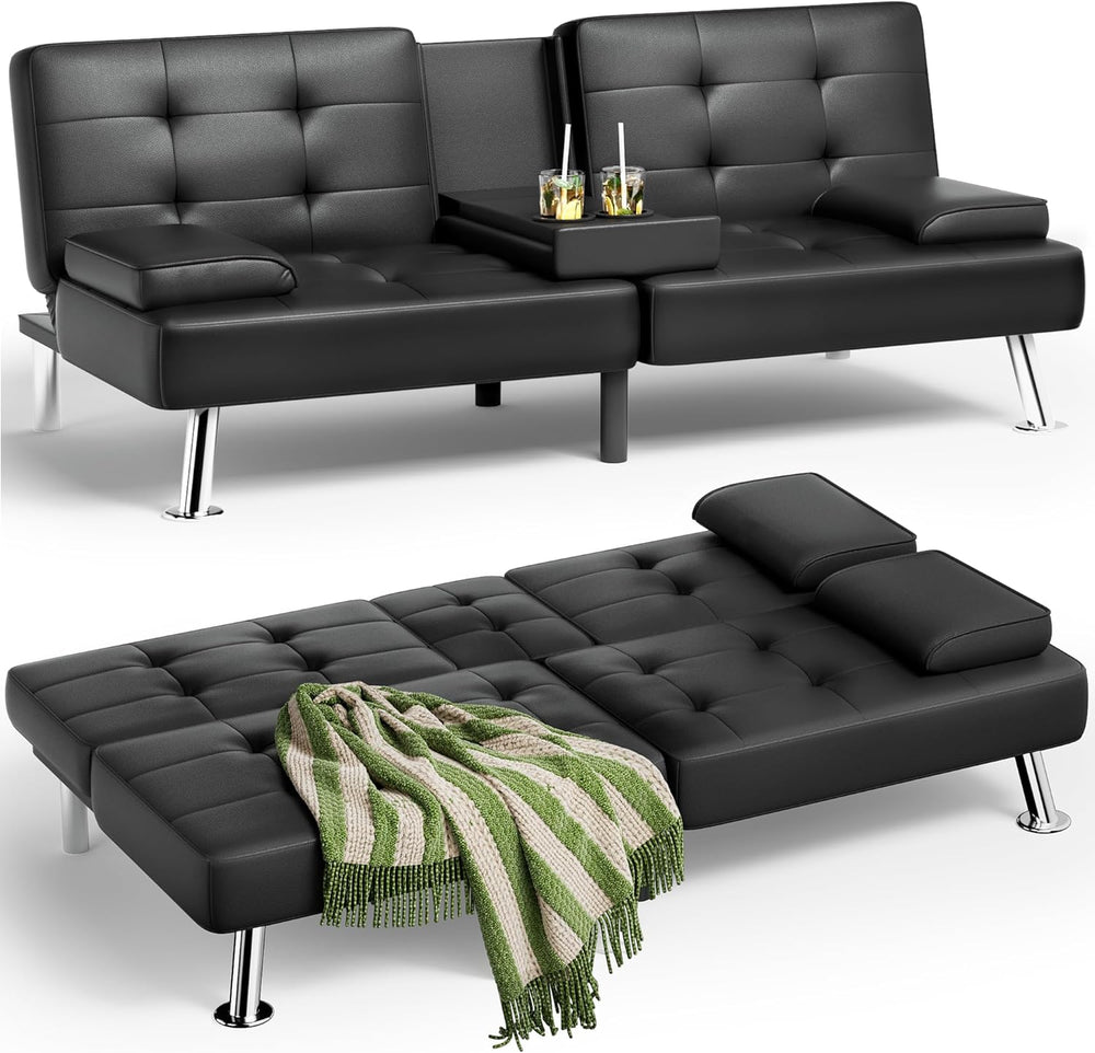 JUMMICO Faux Leather Futon Sofa Bed Futon Couch with Removable Armrests Adjus...