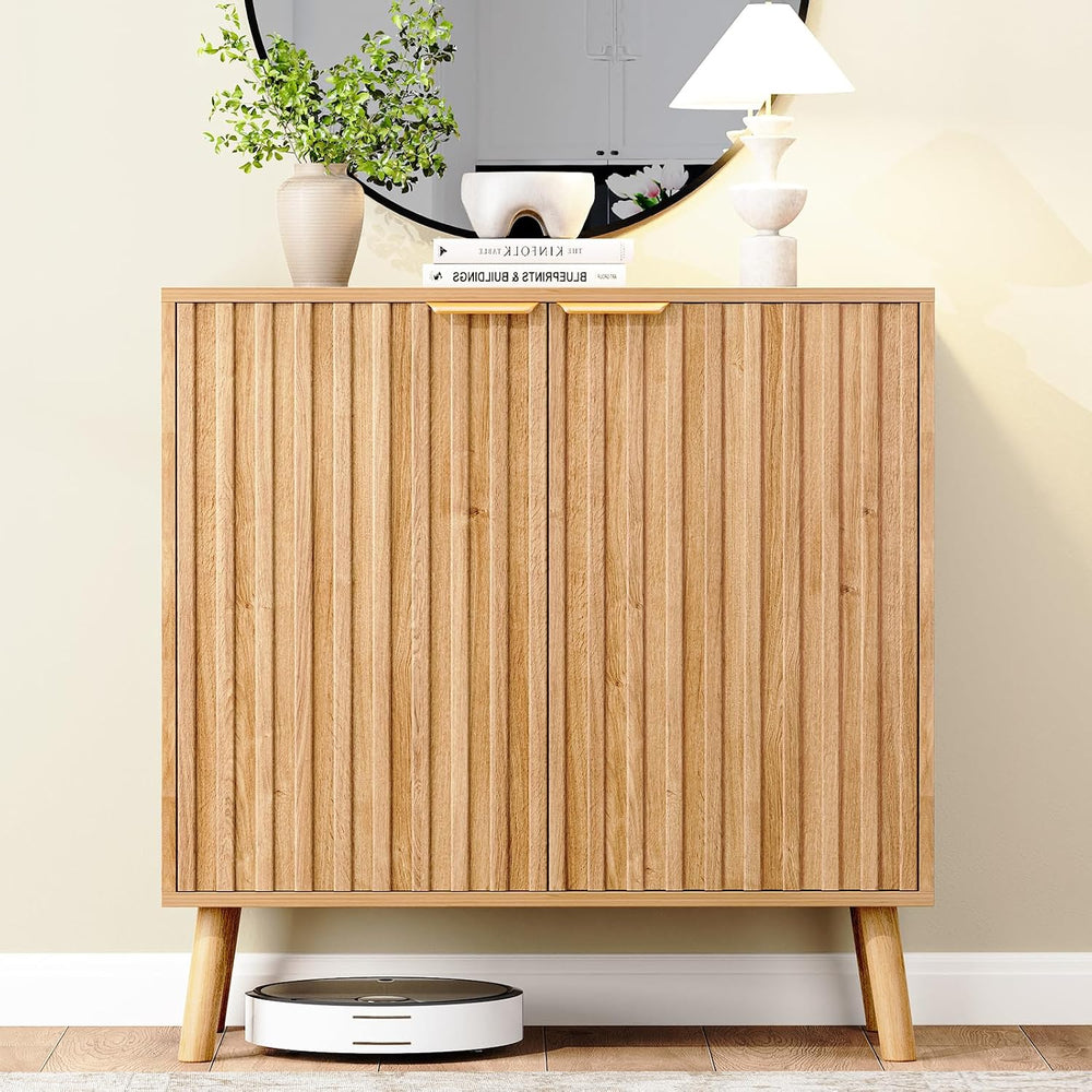 Fluted Storage Cabinet, Buffet Cabinet with Storage, Wood Sideboard with Adju...