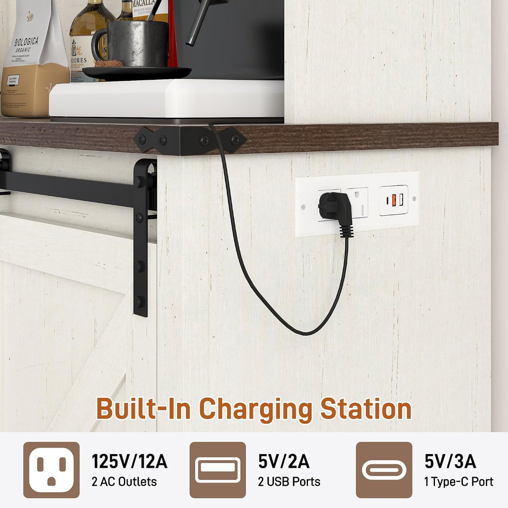 Farmhouse Coffee Bar Cabinet with LED Light, Charging Station & Sliding B...
