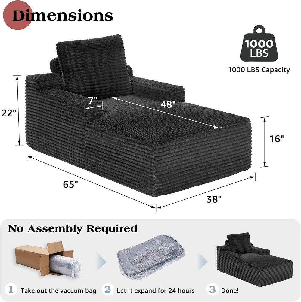 VanAcc 65" Boneless Chaise Lounge, No-Assembly Lounge Chair, Grey