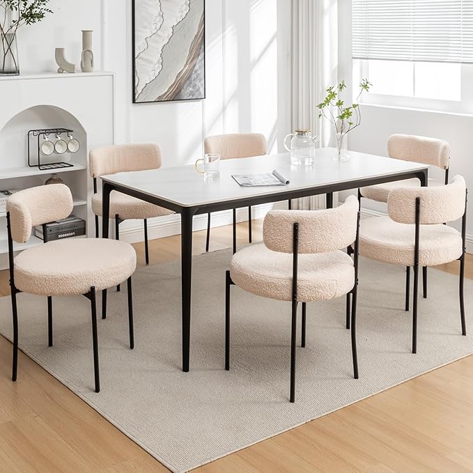Boucle Dining Chairs Set of 6, Mid Century Modern Dining Room Chairs with Met...